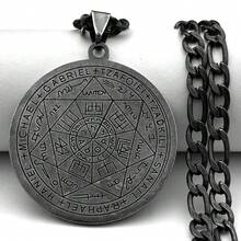 Mysticism - Style Round Stainless Steel Pendant Engraved With Runes And Angel Names, Matched With Cuban Chain In Silvery Color, Mysterious - Style Fashion Jewelry For Men - Necklace - View 6