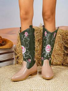 2025 Autumn/Winter New Retro High Heel Tall Boots For Women, Fashion Square Toe PU Leather Embroidered Thick Heel Riding Boots - Apricot - View 3