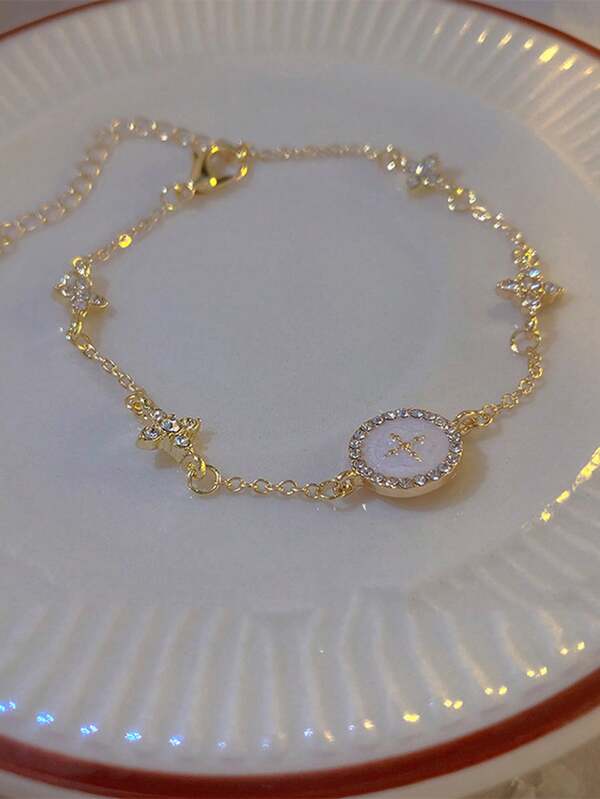 1 pieza Elegante pulsera con colgante de acero inoxidable de trébol de cuatro hojas, con incrustaciones de rhinestone, perfecta para el Día de San Valentín, aniversario y uso diario de moda