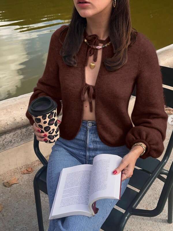 كارديجان نسائي مضفر بالكروشيه بياقة دائرية وأكمام طويلة، محبوك بالحياكة المضلعة، بفت عادي، متوسط المطاطية، مناسب للارتداء اليومي في فصلي الخريف والشتاء