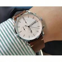 Reloj de cuarzo cronógrafo para hombre, esfera marrón, correa marrón oscuro, estilo casual de negocios, adecuado para uso diario, un regalo para novios y padres. FS4656 FS5402