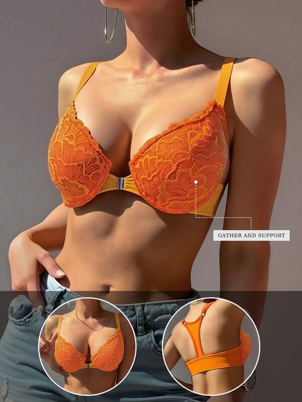 1pc Women's Lace Trim Sexy Lingerie, Casual Underwire Push-Up Bra