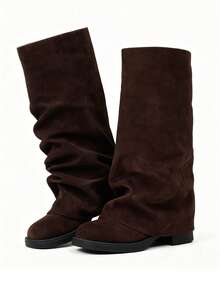 Slouchy Mid-Calf Boots For Women Fold Over Round Toe Pull On Chunky Heels Wide Calf Boots Casual Low Heel Knee High Knight Boots For Women Outdoor   - Da lộn màu nâu - Xem 2