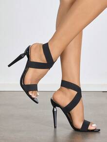 Jin Bei Qi Women's High Heel Shoes, Suitable For Spring, Summer, Night Parties, Gatherings, Outdoor, Fashion, Elegant, High-End Banquet, Electroplated Black Thin High Heel, Round Toe, Shiny, Transparent Strap , Elastic Strap With Large Stone Texture Material, Sexy, Elegant, Luxurious Black High Heel Sandals, Suitable For Commuting, Paired With Autumn Women's Clothing - Black - View 3