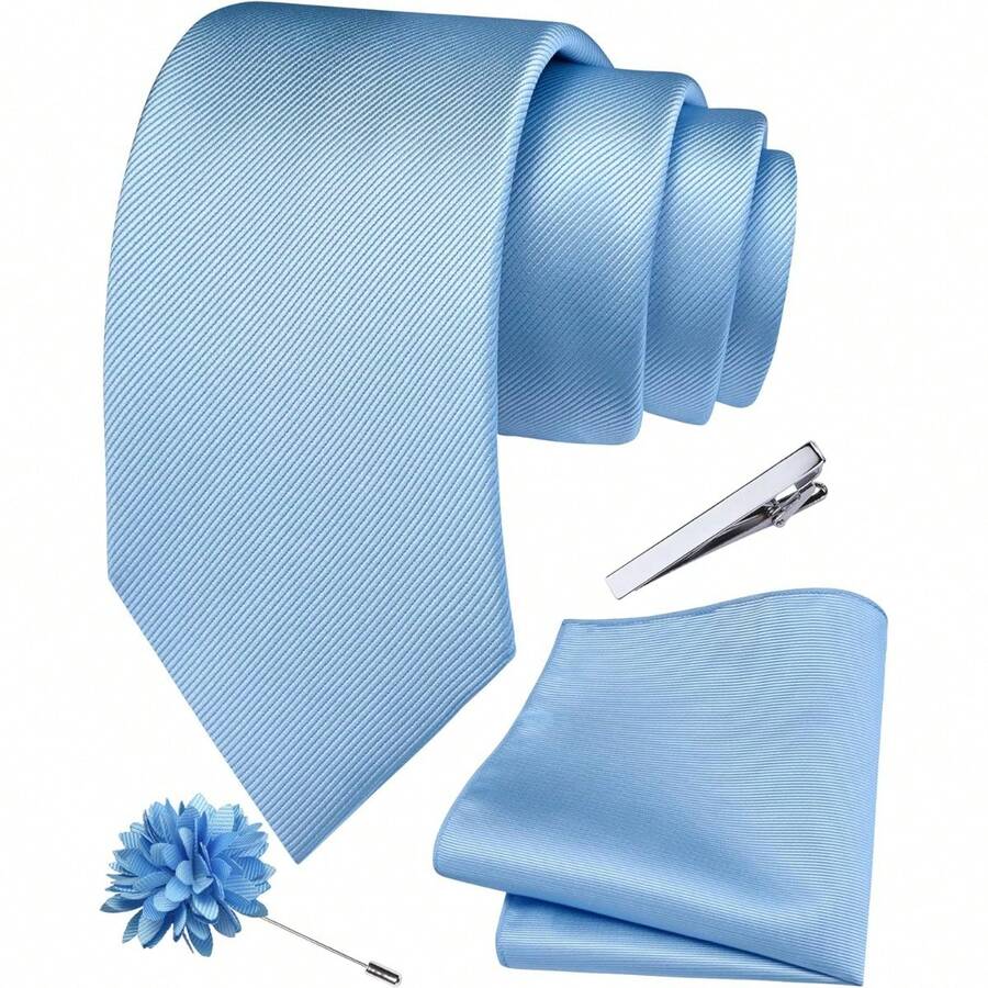 Solid Formal Tie And Pocket Square Plain Necktie Lapel Pin And Set For Men - E-Ánh sáng xanh - Xem 1