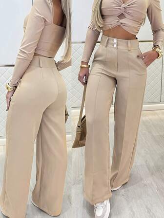 1 pieza Pantalones de mujer de unicolor de poliéster con bolsillo con botón y cremallera, adecuados para vacaciones, oficina, hogar, diario, vacaciones, todas las estaciones