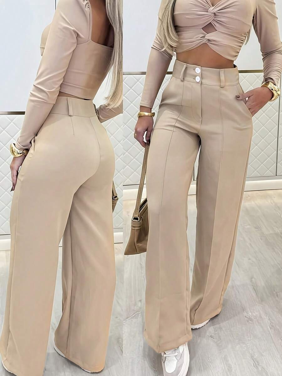 1pc Solid Color Polyester Button Pocket Zipper Women's Pants, Suitable For Holiday, Office, Home, Daily, Vacation, All Seasons Spring - Apricot - View 1