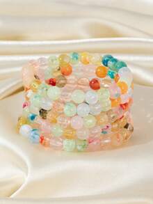 1pc 8mm Faux Jade Beaded Resin Dual-Tone Elastic Bracelet, Minimalist & Fashionable For Women