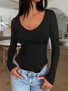 V Neck Long Sleeve Bodysuit - Comfy Double Lined Basic Top - Light Coffee - View 7