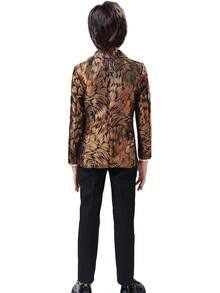 Teen Boy Jacquard Tuxedo 3 Piece Suit Set - Bow Tie Included For Wedding Prom - Emas - View 3