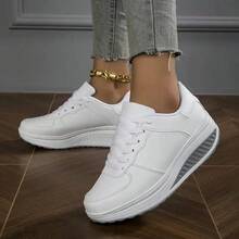 Ladies' Non-Slip Thick-Soled Sports Shoes For Height Increase - High And Thick Shock-Absorbing Insoles, Arch Support And Non-Slip Grip - Mid-Top Lace-Up Shoes With Padded Lining - Running, Travel And Daily Shoes Suitable For All Seasons - White Casual Shoes, Ladies' Height-Increasing Shoes, Fashionable Mid-Top Design, Ultra-Fiber Material - 白色 - 查看 3