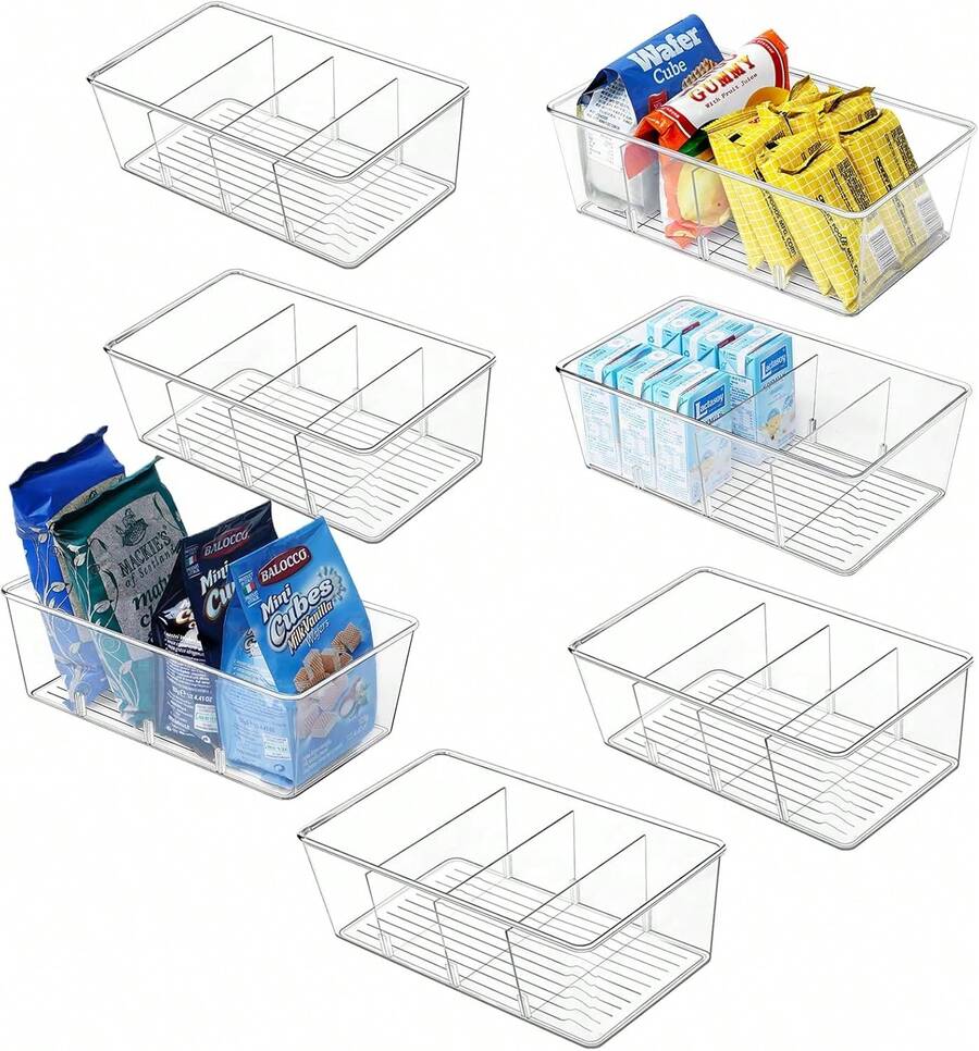 Pantry Organizers And Storage,Kitchen Organizers And Storage For Fridge,Drawer And Refrigerator - Spice Organization For Cabinet,Clear Plastic Stackable Organizer Bins With 3 Dividers (7 Pcs) - 白色 - 查看 1