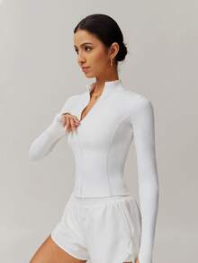 6pecil 1 pezzo Giacca da donna alla moda e sexy, aderente, tinta unita, adatta per yoga, palestra, sport, corsa, fitness, asciugatura rapida, basso impatto, collo alto, con foro per il pollice, con zip, manica lunga, comoda e morbida, per attività all'aperto