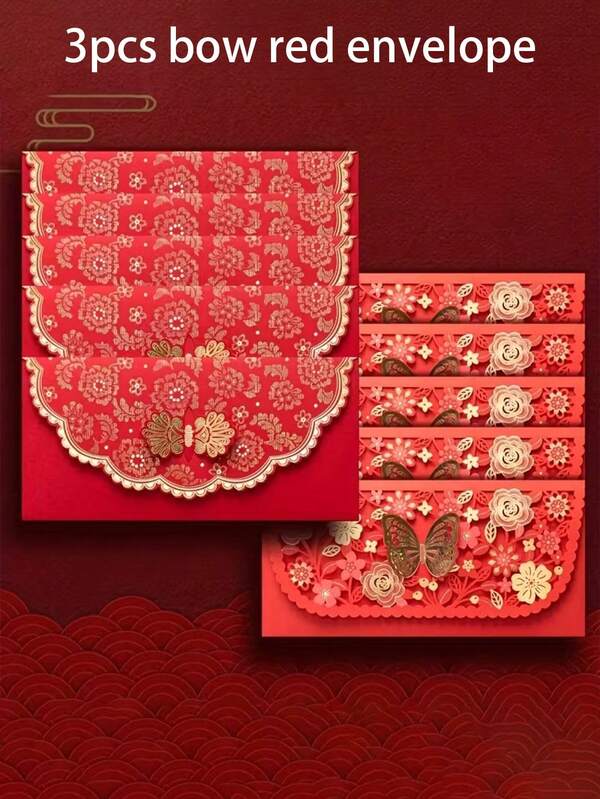 3 Stück traditionelle rote Umschläge, elegante rote Geldgeschenktüten, abziehbar und wiederverschließbar, für Chinesisches Neujahrsfest, Hochzeit und Geburtstag, Papiermaterial, Geschenkkarten Umschlag