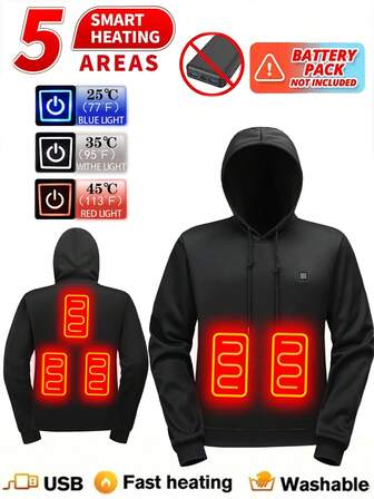 5-Zone Heating Hoodie, Smart 3-Level Temperature Control, Pocket, Adjustable Temperature - Fashionable Heated Hoodie, Suitable For Outdoor Light Gear In Autumn/Winter (Excluding Power Bank)