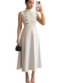 Women's Elegant Evangelical Sleeveless Midi Dress, High Neck With Side Buttons, Chic Tailoring, Casual And Party Wedding Dress - 米色 - 查看 2
