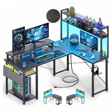 Mesa de juego pequeña en forma de L con toma de corriente, mesa en forma de L con soporte para monitor y estante de almacenamiento, mesa de juego - Tipo de Enchufe A USA (110-127V) - Ver 2