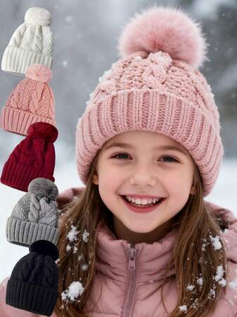 1 件针织帽女童男童厚羊毛帽儿童保暖柔软帽小孩可爱绒球针织帽适合冬季户外使用