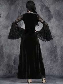 Women's Gothic Sexy Retro Gorgeous Romantic Dark Halloween Role Playing Witch Sleeves Rose Lace Lace Stitching Large V-Neck High Slit Sky Velvet Party Dress - Black - View 3