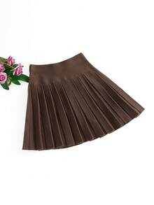 GIGOGOU Chân váy chữ A xếp ly bằng vải dệt kim, màu trơn, cạp chun, kiểu dáng sinh viên, thích hợp cho mùa Thu/Đông/Xuân. - Cà phê nâu - Xem 3