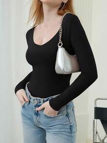 V Neck Long Sleeve Bodysuit - Comfy Double Lined Basic Top - Light Coffee - View 10