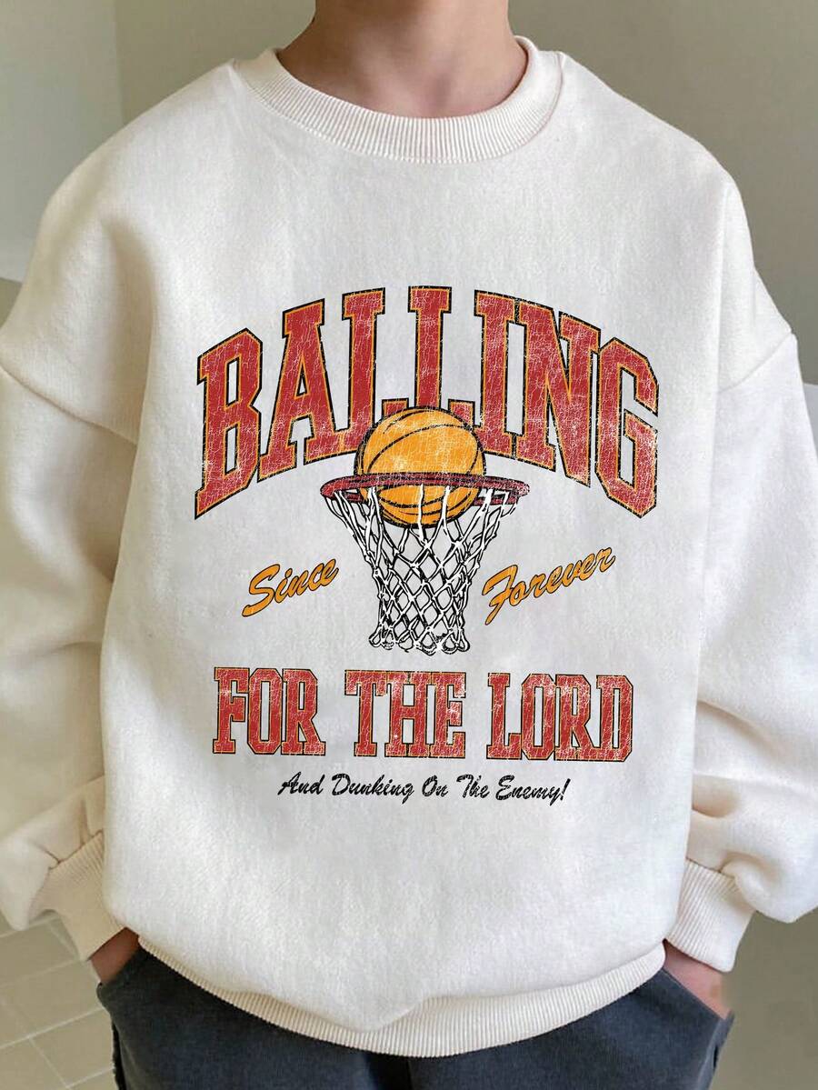 Sudadera con capucha de cuello redondo con estampado gráfico de letra de baloncesto casual de calle para niño preadolescente