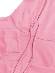 Women's Casual 2 Pieces Set, Solid Color Elegant Long Sleeve Hooded Sweatshirt With Drawstring Pocket And Straight Leg Drawstring Pants Pink Spring - Pink - View 4
