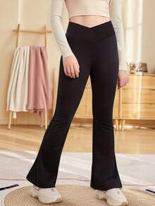 Girls' High Waist Criss-Cross Knit Flare Pants, Children's New Autumn Yoga Leggings, Flared Trousers, Outdoor Sports Pants