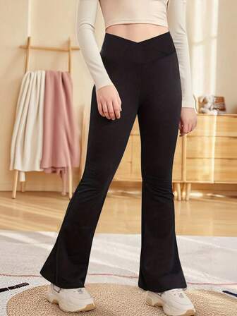 Girls' High Waist Criss-Cross Knit Flare Pants, Children's New Autumn Yoga Leggings, Flared Trousers, Outdoor Sports Pants