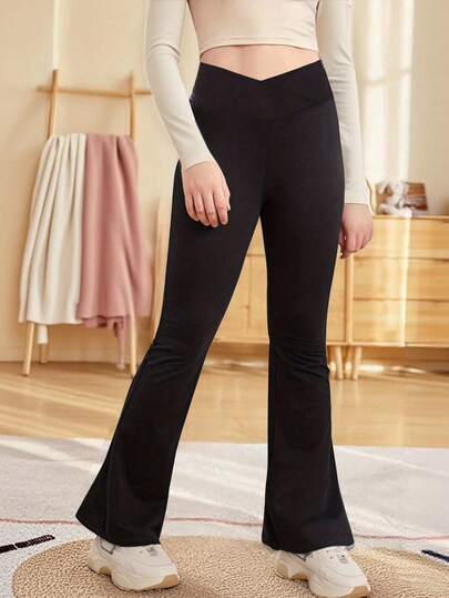 Girls' High Waist Criss-Cross Knit Flare Pants, Children's New Autumn Yoga Leggings, Flared Trousers, Outdoor Sports Pants