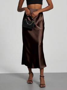 Se-Helo Fashion Women's Elastic Satin Finish Maxi Skirt - Dark Coffee