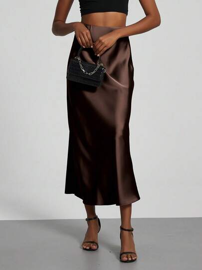 Se-Helo Fashion Women's Elastic Satin Finish Maxi Skirt - Dark Coffee Spring