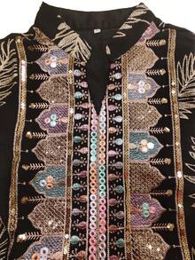 SISKAKIA Luxury Leaf Pattern Woven Fabric Sequin Patchwork Embroidered Dress, Suitable For Holiday, School, Office, Date, All Seasons Eid - Black - View 7