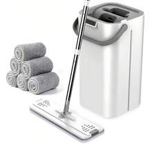 1 Set, Comes With 6 Replaceable Microfiber Pads, Household Mop And Bucket Set, Hands-Free Mop, Flexible Rotating Flat Mop, Wet And Dry Cleaning, Bucket Scraping, Easy Cleaning, Cleaning Supplies, Cleaning Tools - 白灰 - 查看 1