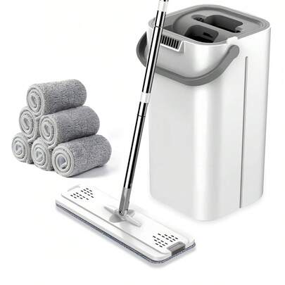 1 Set, Comes With 6 Replaceable Microfiber Pads, Household Mop And Bucket Set, Hands-Free Mop, Flexible Rotating Flat Mop, Wet And Dry Cleaning, Bucket Scraping, Easy Cleaning, Cleaning Supplies, Cleaning Tools