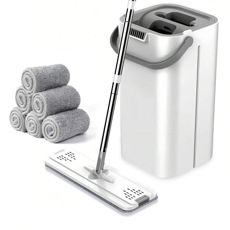 1 Set, Comes With 6 Replaceable Microfiber Pads, Household Mop And Bucket Set, Hands-Free Mop, Flexible Rotating Flat Mop, Wet And Dry Cleaning, Bucket Scraping, Easy Cleaning, Cleaning Supplies, Cleaning Tools - 白灰 - 查看 1