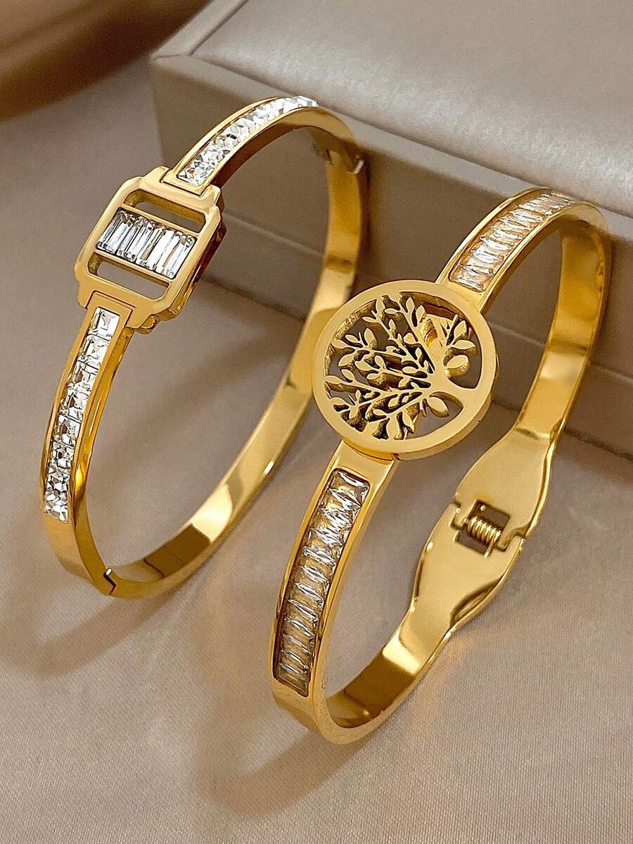 18K Gold Plated Stainless Steel Luxury Elegant Square & Tree Of Life Openwork Bangle Bracelet Set For Women, Mom Gift Christmas Thanksgiving Halloween Wedding Rave/Prom/Party/Daily Accessories Gift For Anniversary Valentine's Day Boho Jewelry Birthday Bridesmaid Gifts