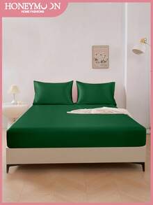 2/3件套奢华缎面床单套装，包含1件深口袋床笠和1/2个枕套 - 100%涤纶，纯色，丝滑柔顺，四季皆宜 - 可机洗 - 适用于家庭和酒店，通过Oeko-Tex认证 - 墨綠色 - 查看 2