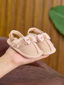 0-1 岁婴幼儿女童鞋，室内家居魔术贴蝴蝶结休闲软底可爱毛绒婴儿女童拖鞋，秋冬