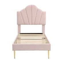 Velvet, Upholstered Bed, 90 X 200 Cm, Shell-Shaped Bed With Golden Iron Legs, Height-Adjustable Headboard, Wooden Slatted Frame, With Upholstered Bench, Bench With Storage Space, Pink