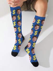 1 Pair Customized Face Socks, Customized Photo Socks, Customized Printed Socks, Print Any Face On Socks, High-Quality Men's Socks Suitable For Anniversary Gifts, Halloween, Christmas, Unique Gifts For Brides, Gifts For Boyfriends, Couples Dollar Pattern Printed Socks, Women's Knee-High Socks, New Thick Long Socks For Autumn/Winter, Calf Socks