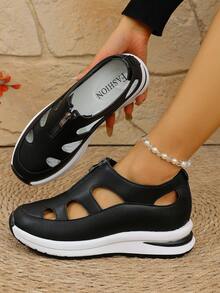 Chaussures confortables, sandales compensées grande taille de style européen et américain pour femmes, chaussures sexy et polyvalentes à bout fermé, aérées et antidérapantes, avec plateforme à semelle épaisse augmentant la hauteur, chaussures perforées