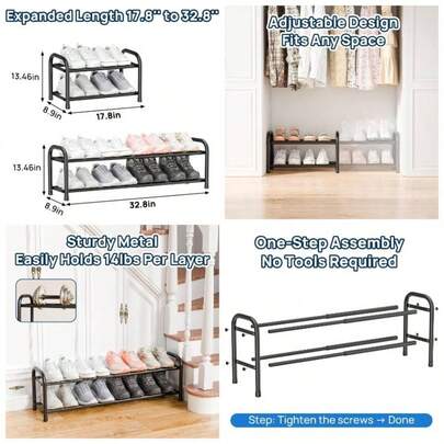 Expandable Shoe Rack, 3 Tier Adjustable Shoe Organizer Shelf Closet, Black Metal Standing Shoe Rack Storage Small Space, Entryway
