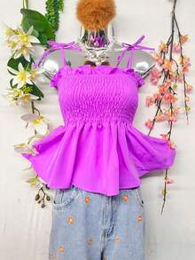 T109Crop Top With Straps And Ruffles - Mauve Purple - View 2