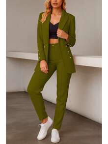 Elegante conjunto de traje liso de manga larga con cuello chal y doble botón para mujer, con bolsillos, para oficina y trabajo. - Verde militar - Ver 3