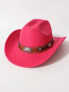 1pc Women's Fashion Solid Color Brim Felt Hat, Paired With Wide Silver Cowhead Belt Decor, Unique Western Cowboy Hat, Versatile For All Seasons, Outdoor Party & Casual Wear, Unisex