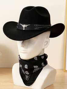 1 Set Unisex Cowboy Hat With Bull Horn Decor + 1 Cashew Pattern Scarf Fashion Outfit, Suitable For Horse Riding, Rodeo, Music Festivals, Bars, Gifts And Daily Use - Brown - View 8