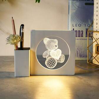 OBOVAY 1 件 3D 笔筒熊/日历夜灯 - 暖白色 LED，室内幻觉灯 - 无需电池，USB 供电，包含电子元件，理想的家居装饰礼物