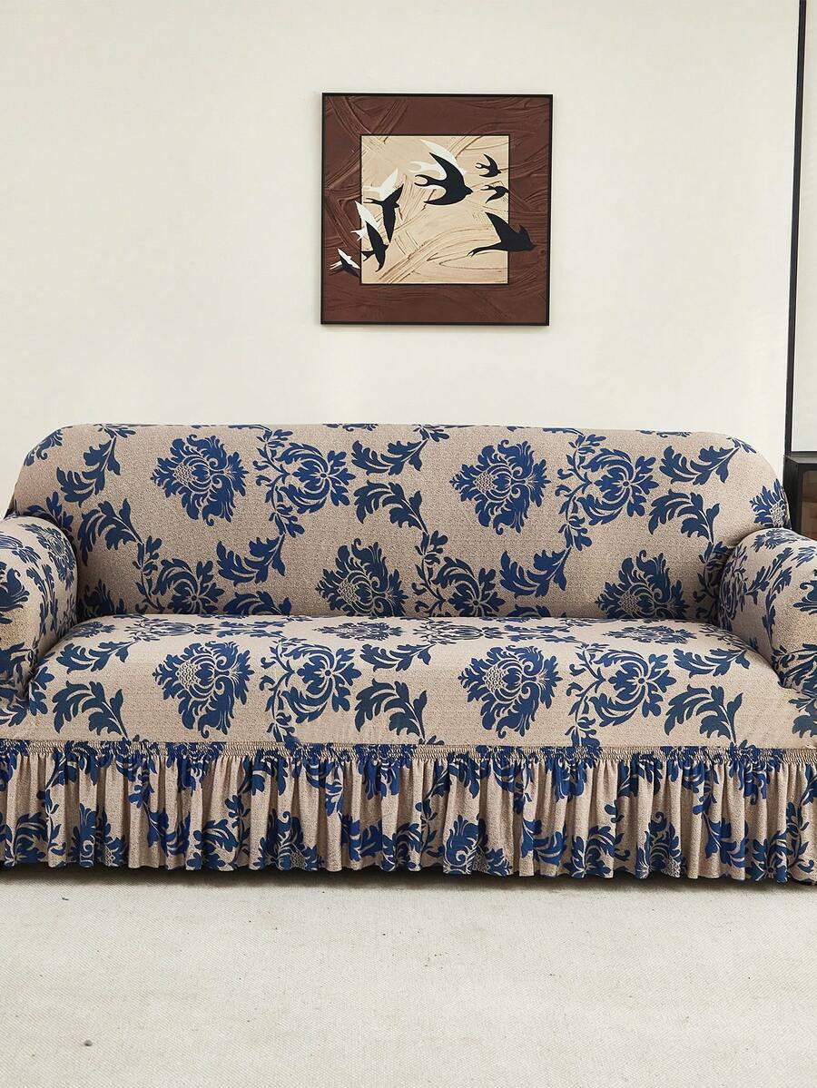 1pc Skirt Style Stretch Sofa Cover, Soft & Comfortable, Printed Stretch Furniture Protector, Multiple Sizes Available