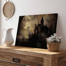 1pc Gothic Wall Art, Spooky Wooden Framed Wall Art, Wrapped Canvas Vintage Prints Poster, Haunted House, Full Moon, Bats Flying - Vintage, Black And White, Vintage Horror, Eerie Atmosphere Style, Home Living Room Bedroom Ofice Wall Decor, Birthday Party Decor, Hanging Hardware Included - Wrapped Framed Canvas, Horizontal - Khung vải - Xem 4